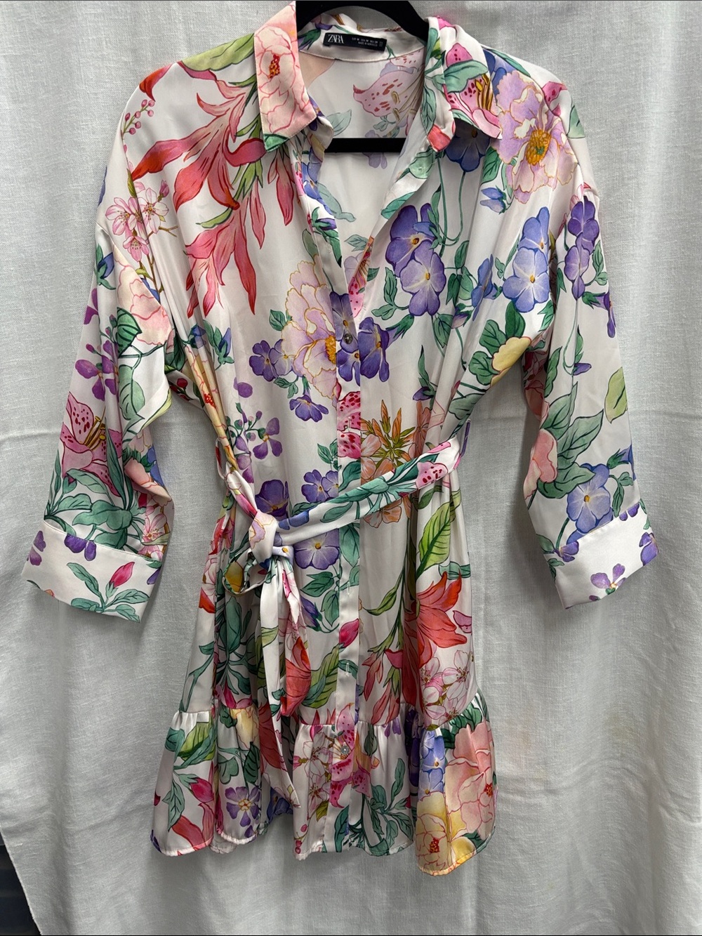Zara White Floral Belted Shirt Jacket with Multicolor Blooms